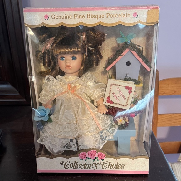 Vintage Porcelain Doll with Birdhouse